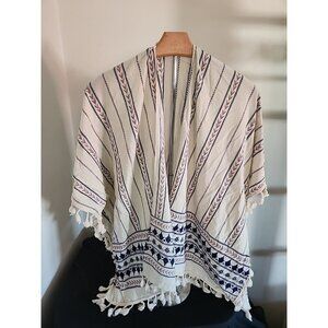 Modena Womens Lightweight Aztec Kimono‎ With Tassels Off White Blue One Size